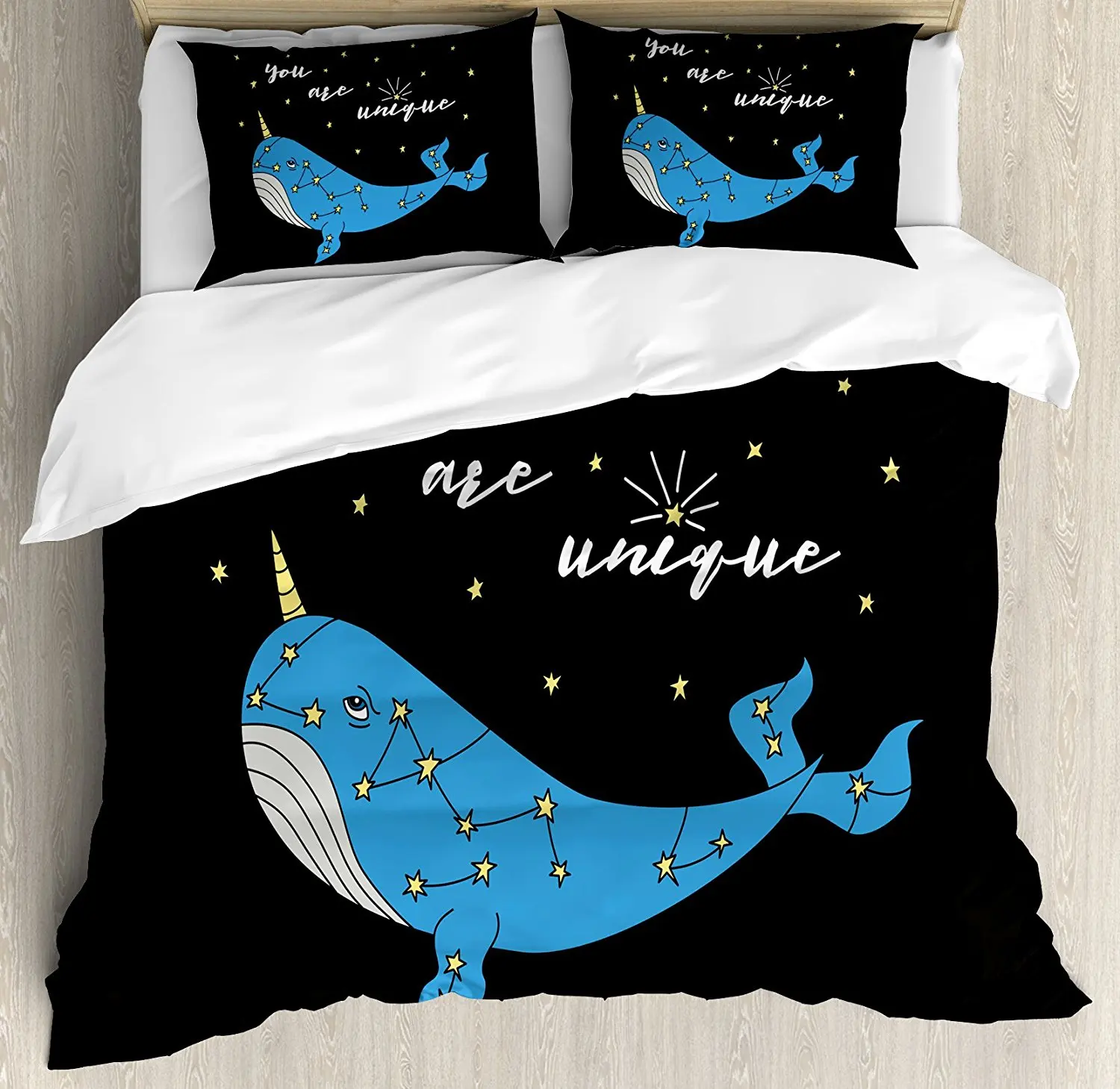 Duvet Cover Set Cute Hand Drawn Cartoon Character Star Patterned Narwhal with Inspirational Quote 4 Piece Bedding | Дом и сад