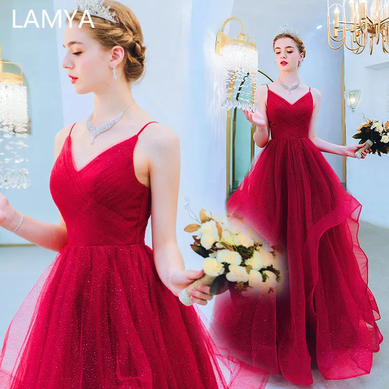 

LAMYA Simple Spaghetti Strap Evening Party Dresses Pleat V Neck Formal Dress A Line Prom Gown Robe De Soiree