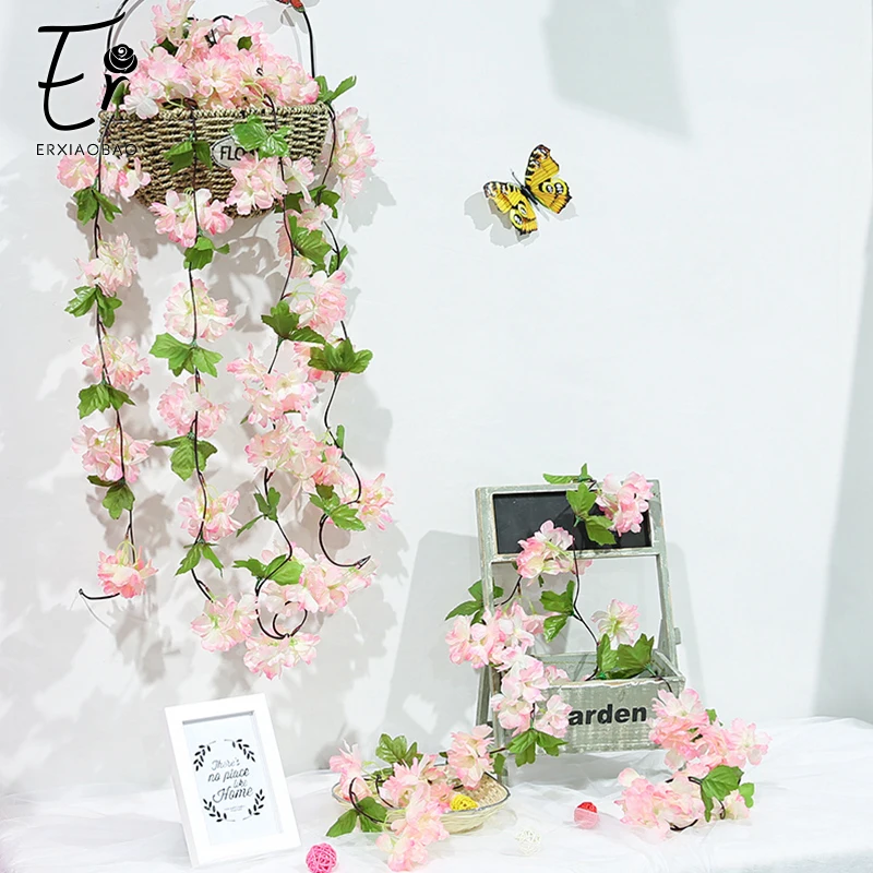 

Erxiaobao Cherry Artificial Flowers Vine Fake Silk Flower String Home Party Wedding Wall Hanging Door Bookshelf Balustrade Decor