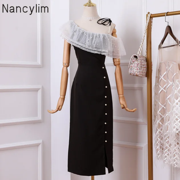

Black Sexy Off-the -shoulder Dresses Women Slash Collar Mesh Patch Bodycon Dress Summer Long Pencil Dress Lady Party Vestidos