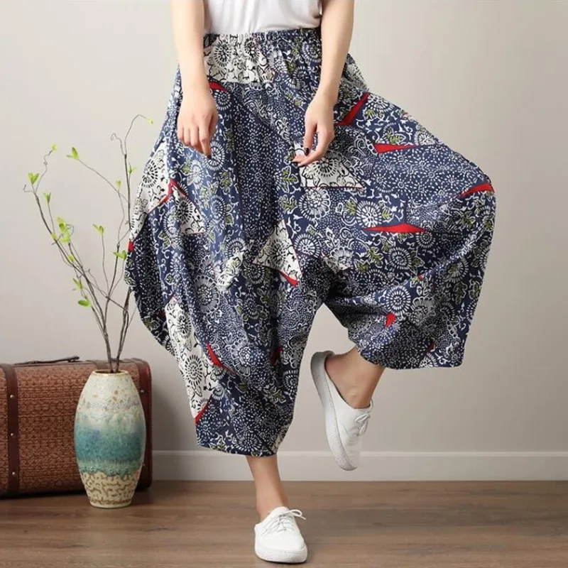 #0621 Summer Vintage Wide Leg Pants Women Printed Big Size Elastic Waist Retro Cross Pants Female Loose Cotton Linen Trousers #0621 Summer Vintage Wide Leg Pants Women Printed Big Size Elastic Waist Retro Cross Pants Female Loose Cotton Linen Trousers