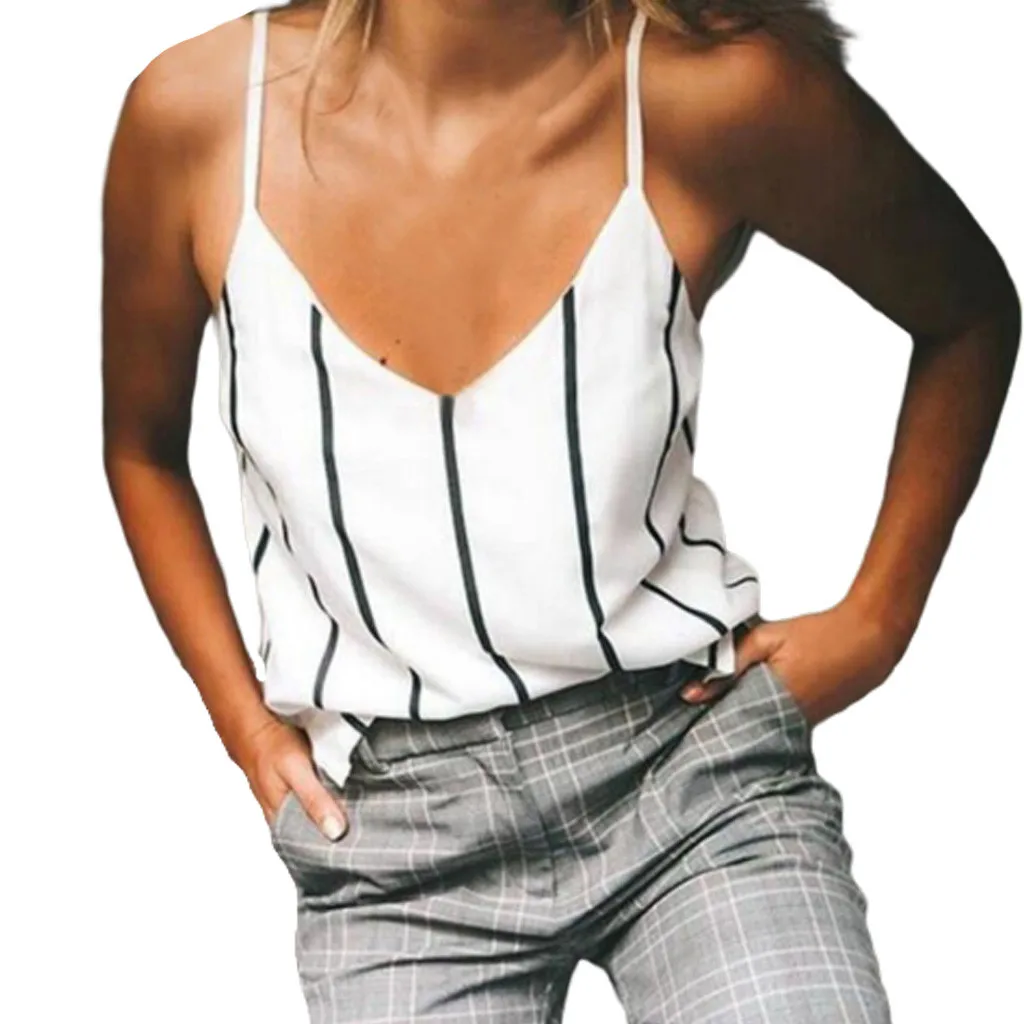 

Women Plus Size Backless Short Sleeve Summer Vest Tops Large size V-neck striped ladies jacket strap dames vest dames tops #2