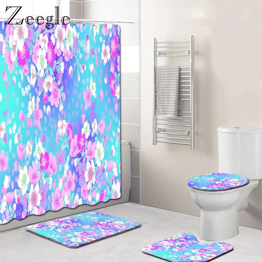 Zeegle 3D Цветочный узор 4 шт набор ковриков для ванной комнаты с занавеской для душа напольные коврики из микрофибры коврик для ванной стиральная машина ковер