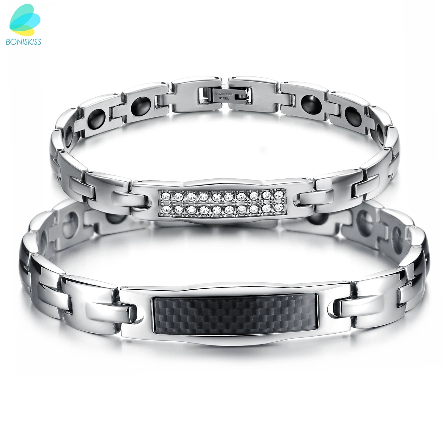 BONISKISS His & Her Couple Matching Set Health Care Stainless Steel Magnetic Crystal Accents Energy Bangle Bracelets