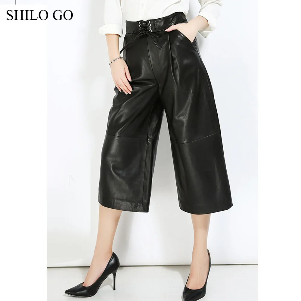 Женские кожаные брюки SHILO GO осенние модные широкие из натуральной овечьей кожи