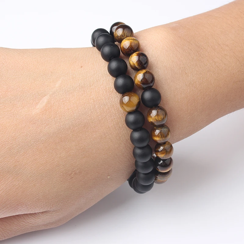 

LanLi 8mmnatural Black Onyx and Yellow Tiger Eye beads Couples bracelet be fit for men and women Giving presents and self use