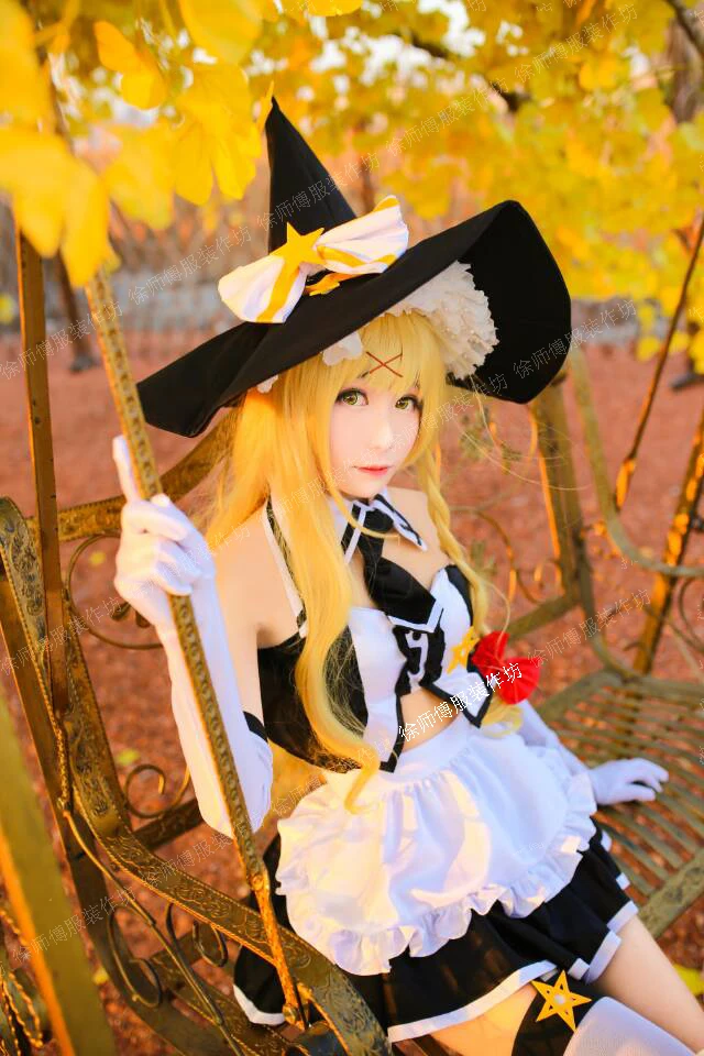 Kirisame Marisa TouHou Project Косплей Костюм Kirisame Marisa платье горничной со шляпой на заказ сексуальные костюмы на Хэллоуин