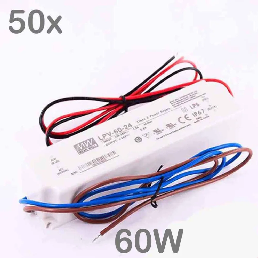 FREE DHL 50pcs/lot MEAN WELL LPV 60W DC 12V/24V LED IP67 Power Supply