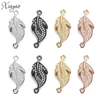 

XINYAO 2Pcs Copper Gold Color Cz Pave Leaf Pendant Connector Charms For Diy Jewelry Findings Bracelet Necklace Making 10.5x25mm