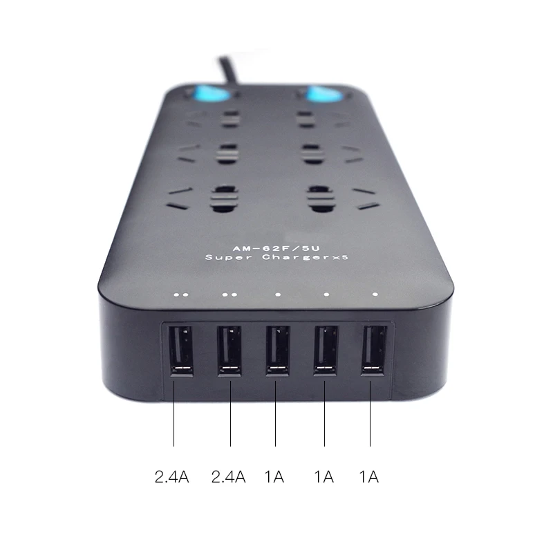 Kopen Hot selling 5 usb poort overspanningsbeveiliging power strip AU plug 6 outlets Australi euml; extension socket met usb poort opladen