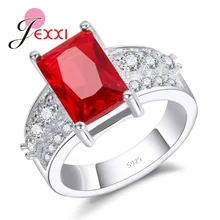 JEXXI Women Wide 100% Pure 925 Sterling Silver Rings With Deep Red Rectangular Crystal Fast Shipping Luxury Jewelry