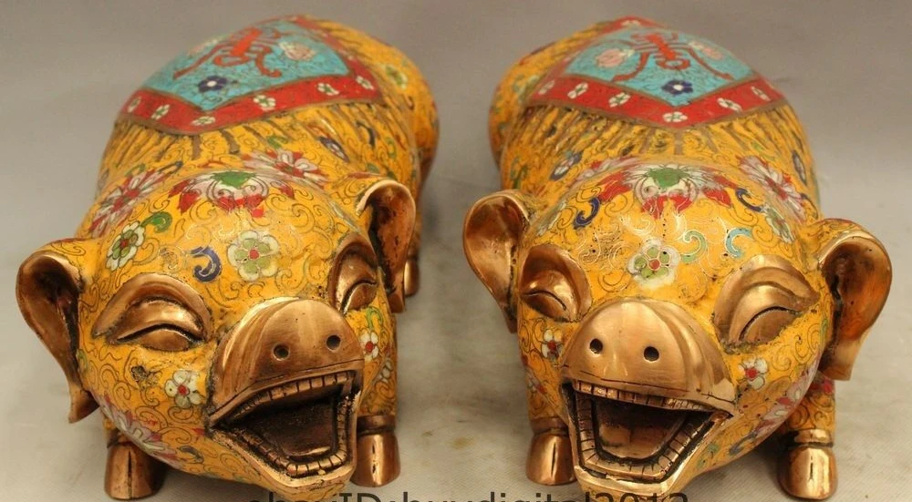 

14" Royal Chinese 100% Bronze Gild Cloisonne Enamel Wealth Folk Pig Statue Pair