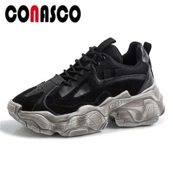 

CONASCO High Quality Women Sneakers Genuine Leather Lace Up Breathable Flats Shoes Spring Summer Leisure Shopping Shoes Woman