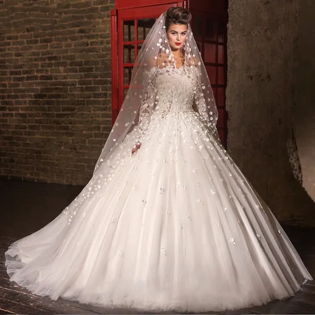 de manga larga de la princesa vestido de encaje de la boda elegante