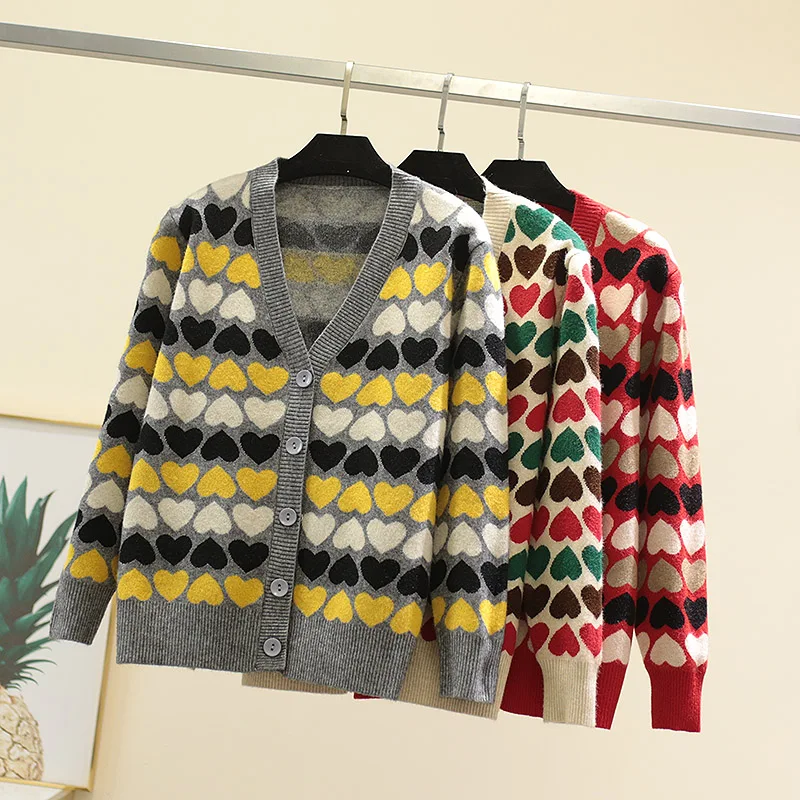 

Sweater Cardigan Spring New Korean Single-breasted Love Jacquard Colorblock Sweater