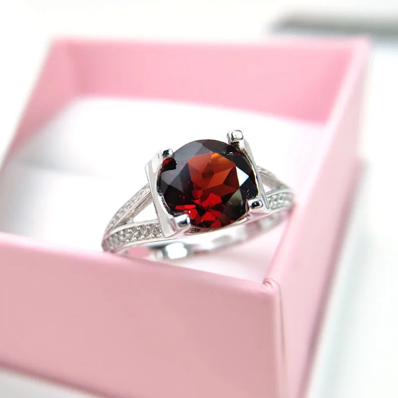 

hot sell simple Red garnet gemstone Ring Round 8mm 925 sterling silver resizable fine jewelry Ring for girls with jewelry box