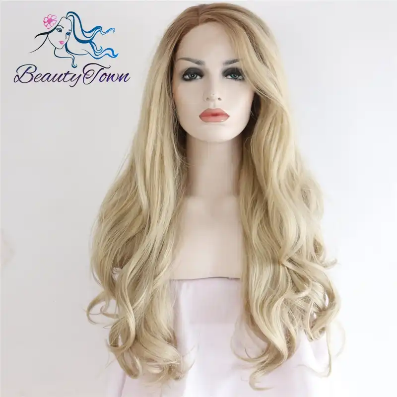 Beautytown Brown Ombre Blond High Temperature Hair Wavy Style Heat Resistant Glueless Synthetic Lace Front Wedding Party Wigs
