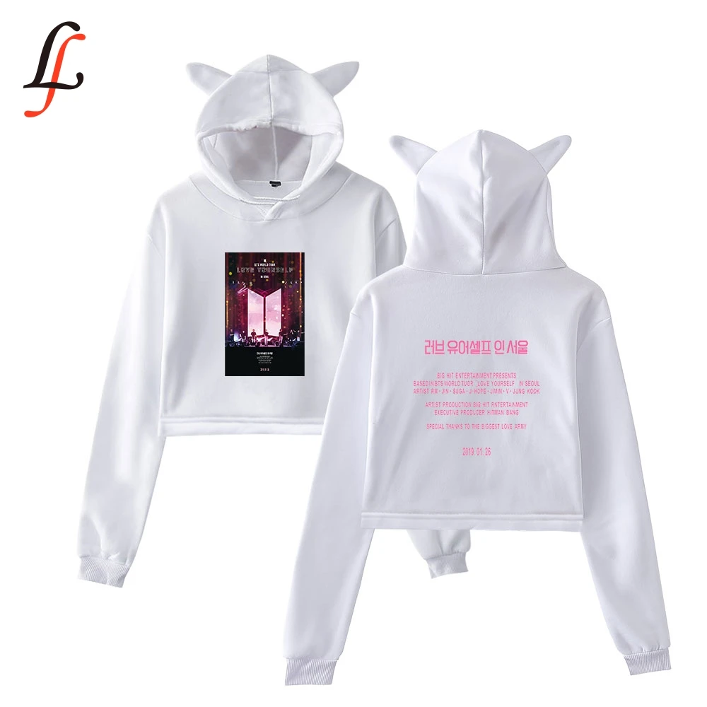 BTS Love Yourself Cat Ear Cap Hoodies fashion trend sala Cat Crop Top Women Hoodies Sweatshirt Sexy hot Kpop Harajuku Size 2XL