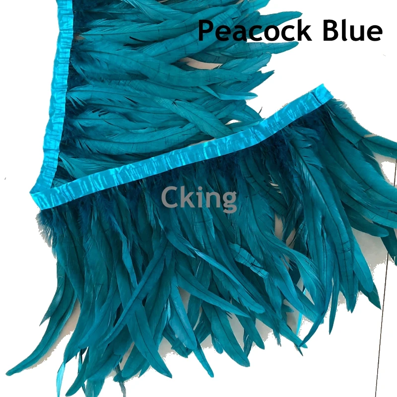 

Free shipping 1M peacock blue color Dyed rooster tails feather trims 35-40cm 14-16inch long chicken feather fringes trimming