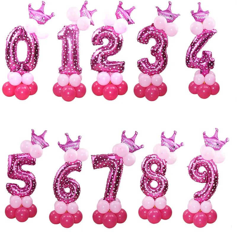 1 комплект на день рождения воздушные шары Сделай Сам голубого и розового цвета, для детей 0, 1 2 3 4 5 6 7 8 9 номер Фольга воздушный шар с украшением в виде короны с Декор ко дню рождения Детская шарики для вечеринок
