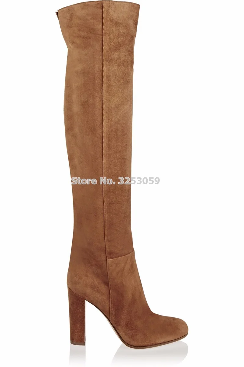 

ALMUDENA Brown Suede Chunky Heels Over-the-knee Boots Fall Winter Thigh High Dress Shoes Motorcycle Tall Boots Size46 Long Boots