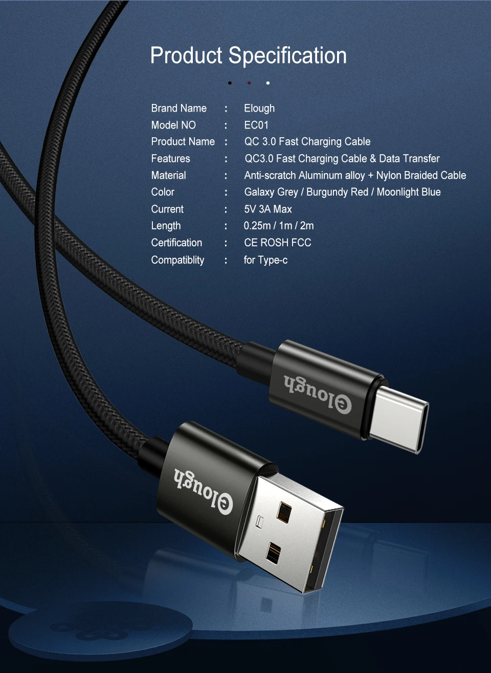 Elough usb type-c кабель для samsung s9 s8 note 9 8 huawei xiaomi type-c мобильный телефон зарядное устройство данных Быстрая зарядка usb кабель провод