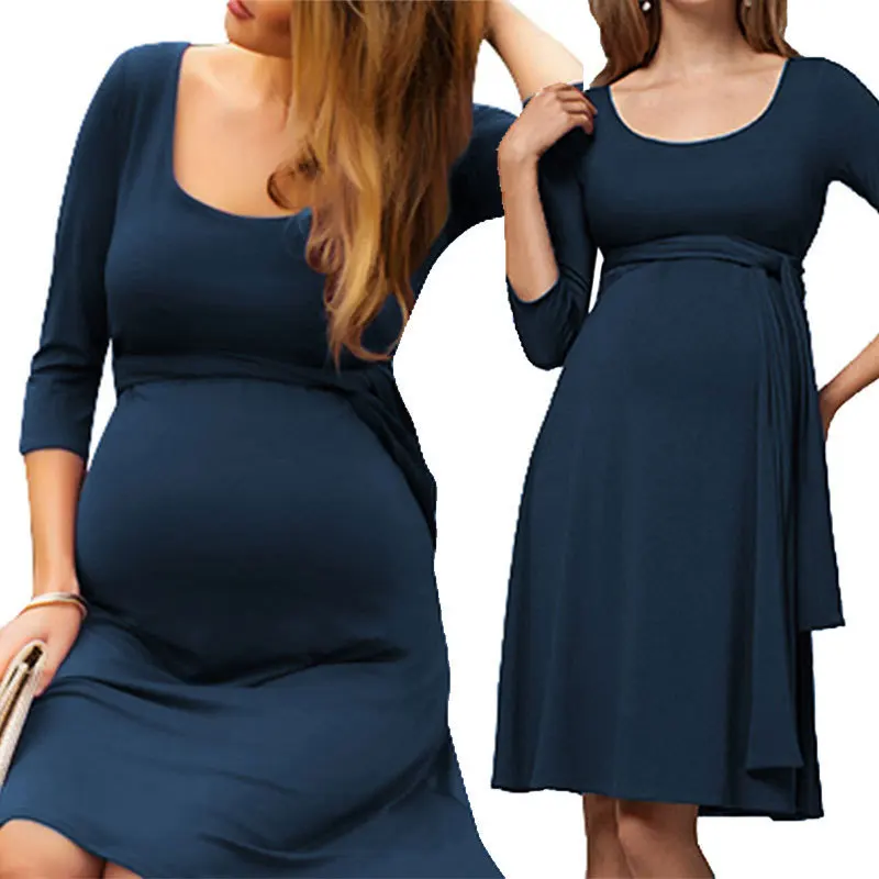 2018 New Full Sleeve O Neck Tied Maternity Breastfeeding Pregnant Dress Plus Size Elegant Lactation Office Pregnancy Clothes