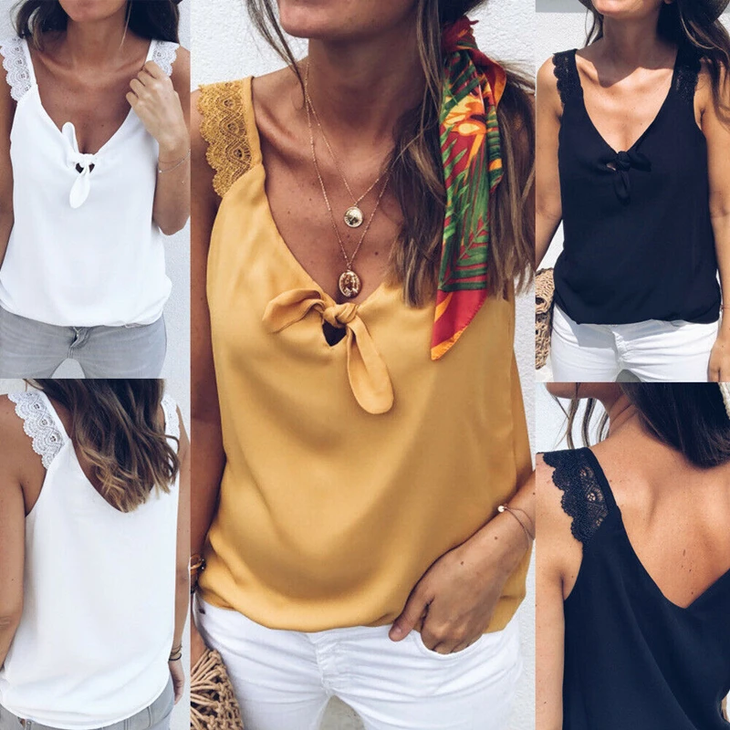 

Fashion Women Lady V-Neck Lase Bow Vest Summer Loose Casual Sleeveless Tank Tops