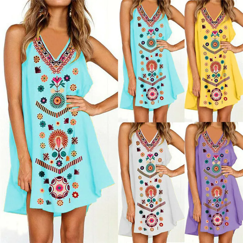 

Summer Womens Cotton Midi Dress Sleeveless Boho Beach Casual Floral Sundress Sky Blue Yellow Purple White S M L XL XXL XXXL