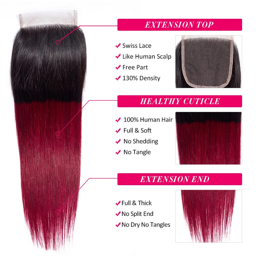 Cynosure 1b/99j Ombre Human Hair Bundles with Closure Non Remy Brazilian Straight Hair Weave 3 Bundles with Closure