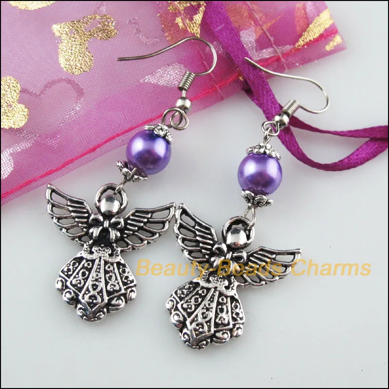 1 пара замечательных подарков c фиолетовыми стеклянными бусинами серьги с кисточками крюк Крылья ангела Подвески