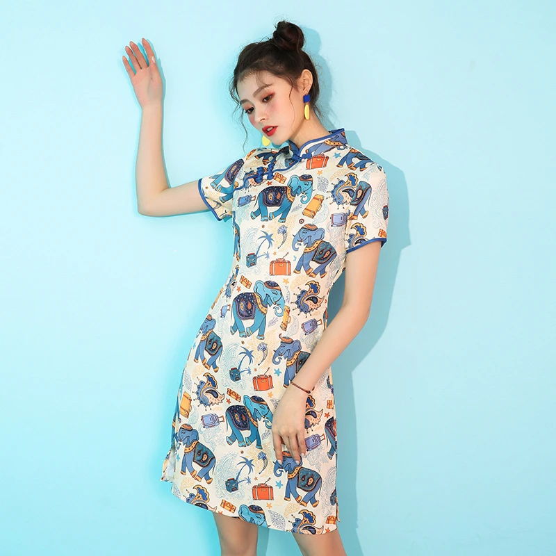 SWEETXUE мультфильм ретро молодой Cheongsam модифицированное мини платье Лето слон печати короткий рукав, разрез Молодежные платья