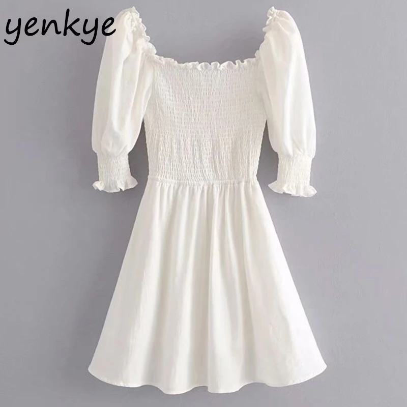 

2019 Women Vintage Puff Sleeve Party White Dress Sweet Lady Elastic Square Neck A-line Mini Summer Dress AAZZ9399