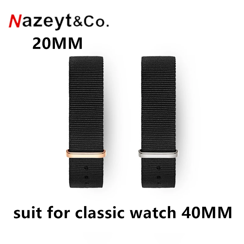 

Nazeyt men black nylon strap rose gold and silver color for 20MM watches black color canvas watch band 001