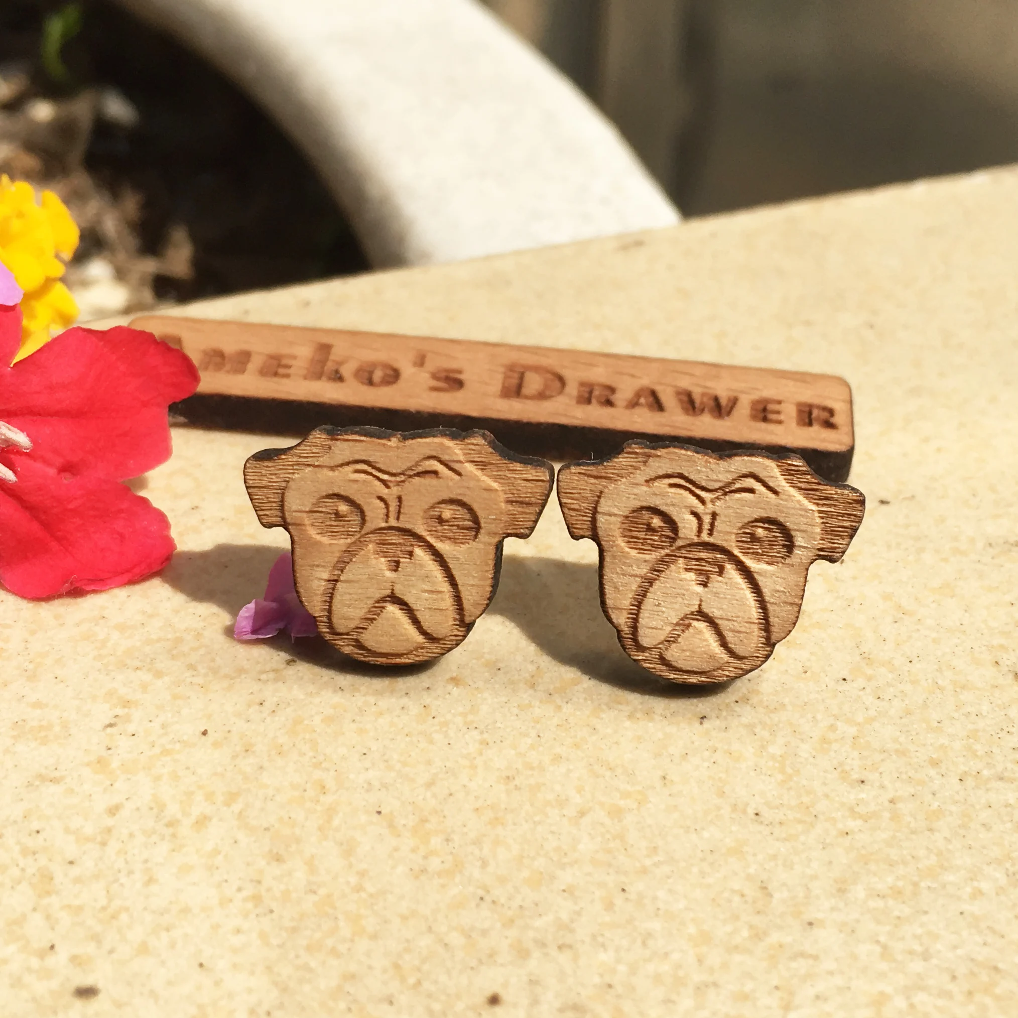 

Pug Wooden Earring Doggy Wooden Stud Bulldog Earring Animal Jewelry X 1 Pair