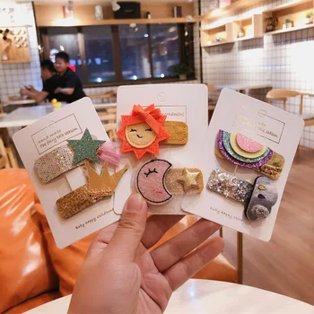 

14sets ins Fashion Cute Felt Cartoon Barrettes Solid Glitter Tiaras Star Sun Snap Clips Princess Boutique Hair Accessories
