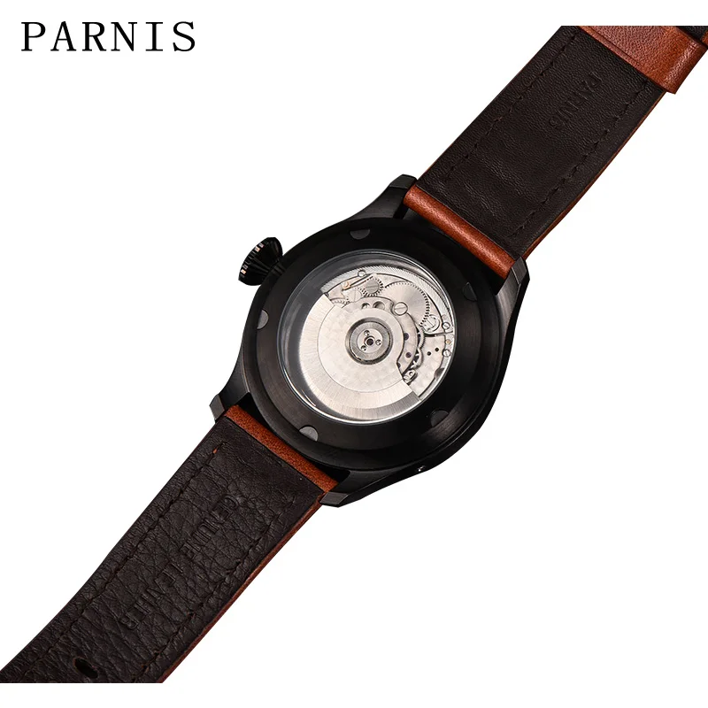 Горячая Распродажа 47 мм часы Parnis мужские деловые автоматические механические часы черный PVD чехол белый циферблат светящиеся цифры