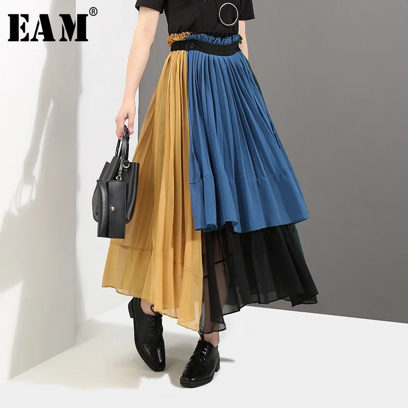 

[EAM] 2019 New Spring High Elastic Waist Green Hit Color Pleated Irregular Haf-body Skirt Women Fashion All-match JG208