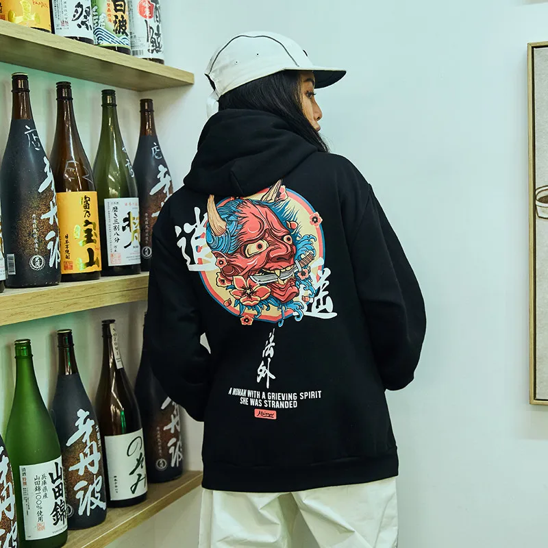 Bebovisi бренд дизайнер Японский китайский стиль толстовки уличная толстовка с капюшоном хип хоп злой Дьявол печатных хлопок для мужчин
