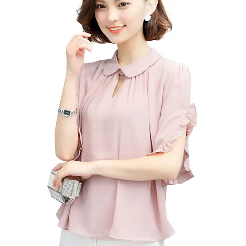 Women chiffon blouse shirt peter pan collar white shirts casual ruffle ...