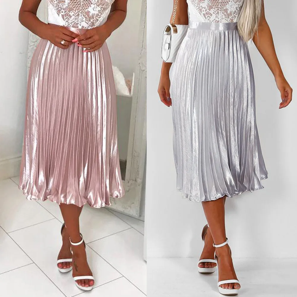 Мода Женская плиссированная розовая юбка длинная металлическая Серебряная Макси плиссированная миди юбка Elascity с высокой талией повседневные вечерние юбки с пайетками