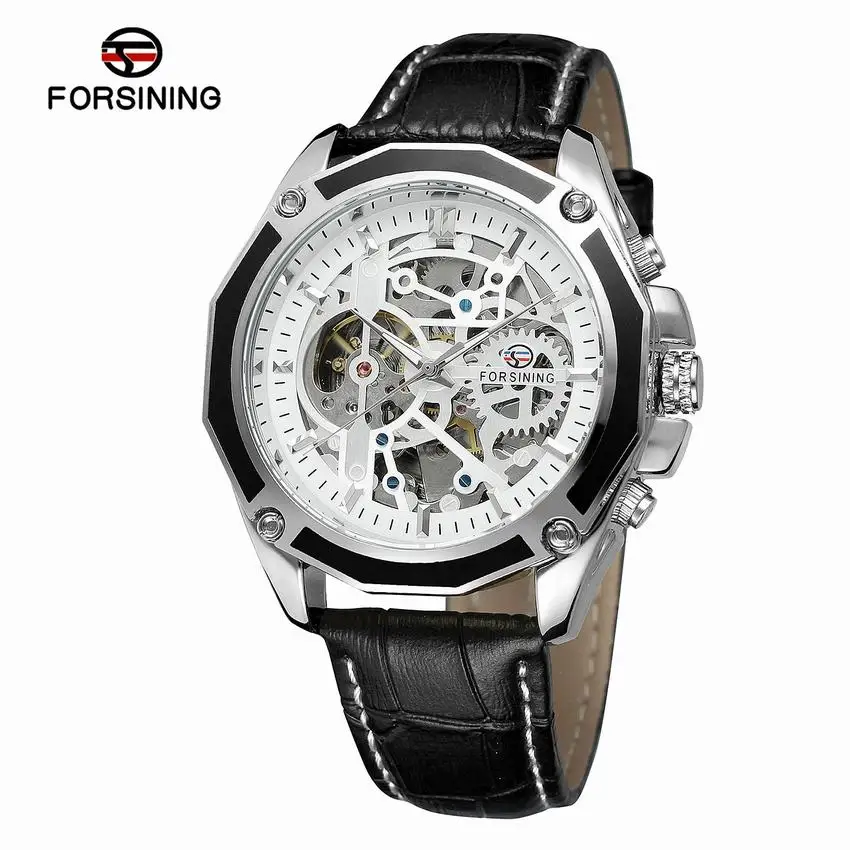 

Forsining Transparent Case Skeleton Mechanical Sport Watch Men's Automatic Leather Strap Waterproof Wristwatch + Box