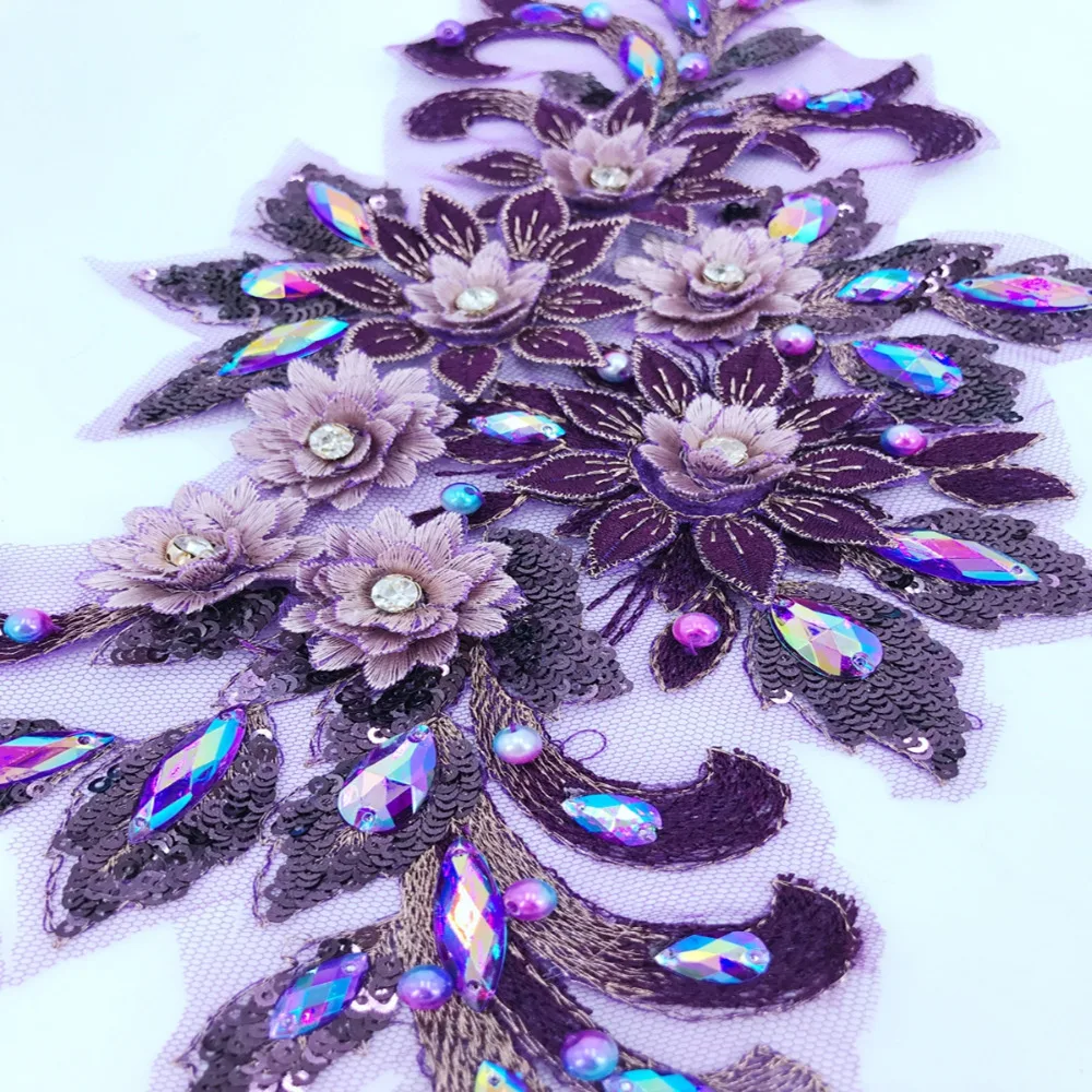

Three-dimensional flower dark purple lace applique with handsewing beads rhinestones trim patches 38*16cm for dress