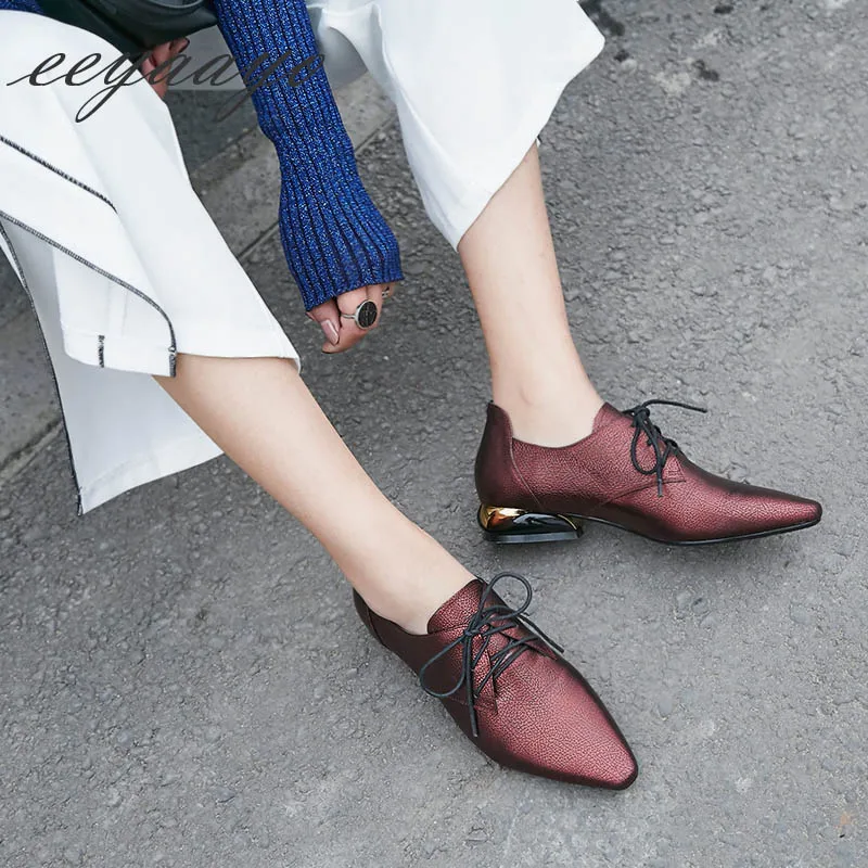 Vaca Color Otoño Brogue wine Retro Señoras Encaje Plantilla Nuevos Zapatos Genuino Piel Gun Punta Punp Suave Mujer Clásico Estrecha Red De Con Cuero Cerdo UBzqB1
