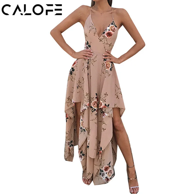 CALOFE Women Deep V Neck Floral Print Playsuit Dress Sexy
