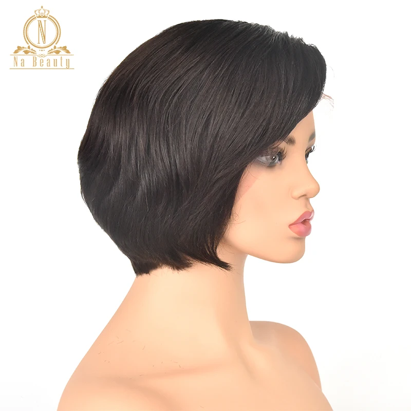 13x6 глубокий часть Синтетические волосы на кружеве из натуральных волос, короткая стрижка Пикси крой предварительно вырезанные боб парики прямые черные 150% бразильский Волосы remy для Для женщин
