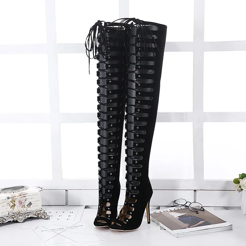 KARINLUNA Brand New Big Size 40 Cross Tied Zip Ladies High Heels Hollow Shoes Woman Casual Party Sexy Summer Over The Knee Boots