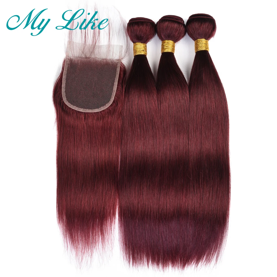 My Like 3 Связки бразильские прямые волосы плетение с закрытием 99j красный бордовый не Реми наращивание человеческих волос пучки с закрытием