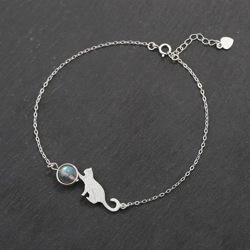 925 Sterling Silver Cut Cat Charm Bracelet & Bangles For Women Gifts
