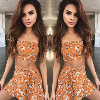 

Summer Women Clothing Set Off shoulder Tops T-shirt + Skirt Women New Fashion Floral Sexy Clothes